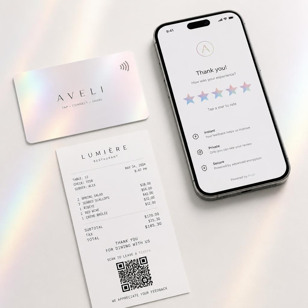 Tappi Card, smartphone showing a 5-star review screen, and a printed receipt with a QR code